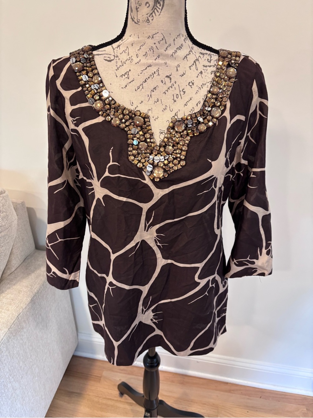 ZARA Woman beaded tunic top in a brown and beige safari print size medium
